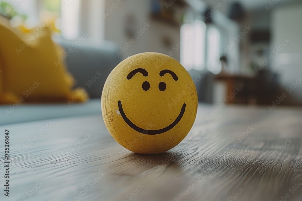 Poster a close-up of a round, smiley-faced object with a neutral background, exuding simplicity and positiv