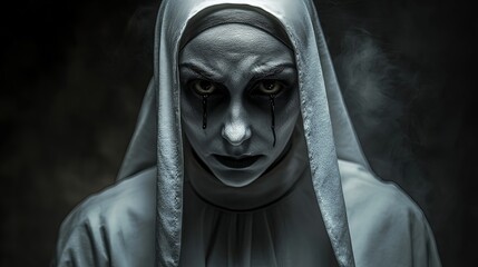 Haunting Ghostly Nun with Black Teardrops Halloween Scene