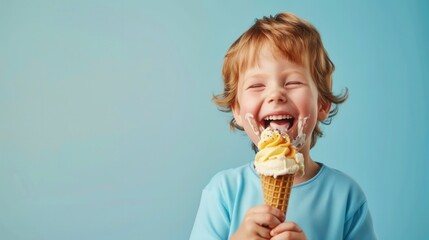 A little child holding an ice cream and eating over plain background.