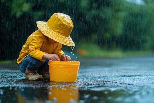 Minimalist kids collecting rainwater, [Water Conservation], [Environmental Learning], No logo, No Trademark, No text, minimal concept with copy space for stock photo