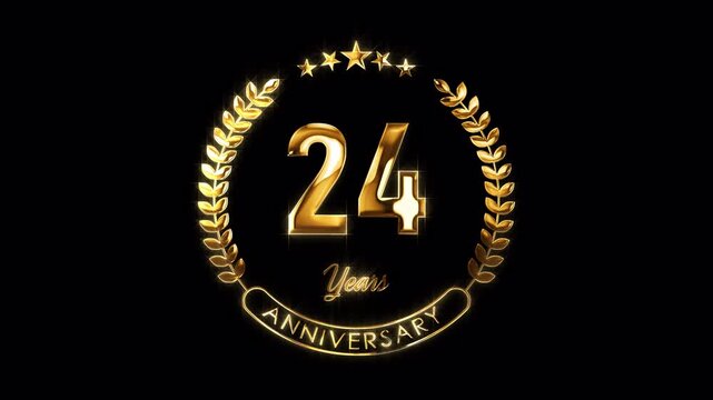 24th Anniversary Celebration. Happy 24 Years Anniversary Animation in Gold Color on the Transparent Background, Alpha Channel. Great for greetings, celebrations, events, and gifts.