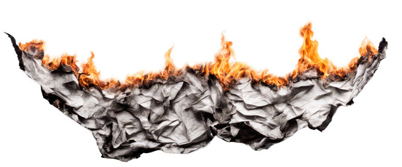 Crumpled paper set ablaze, creating a dramatic and fiery visual effect, isolate on transparent background, cutout, png 