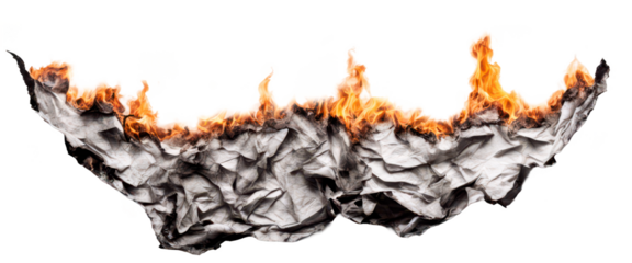 Crumpled paper set ablaze, creating a dramatic and fiery visual effect, isolate on transparent background, cutout, png 