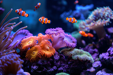 Obraz premium Vibrant underwater images with colorful corals and fish. Nemo, known for his bright orange and white stripes, has corals in different shades such as purple, orange and green.