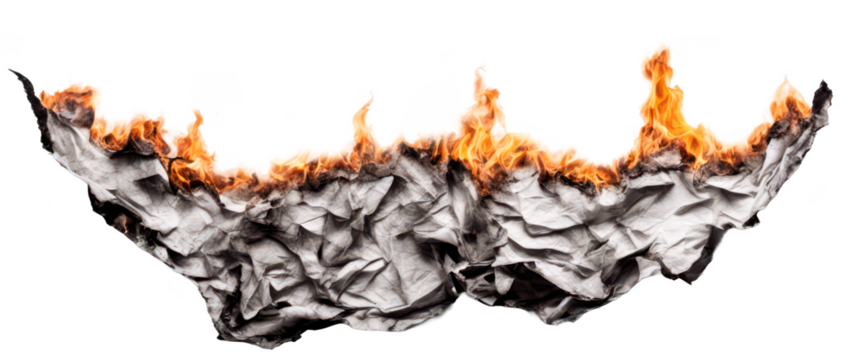 Crumpled paper set ablaze, creating a dramatic and fiery visual effect, isolate on transparent background, cutout, png 