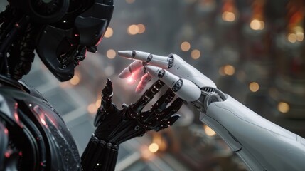 Fototapeta premium Interaction between two advanced robots, the white metallic hand of a robot reaching for a black robot, 