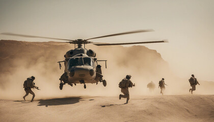 A military helicopter lands on a rocky plateau in the Middle East under relentless summer heat. The rotors stir up dust and sand as soldiers disembark, with some securing the area and others unloading