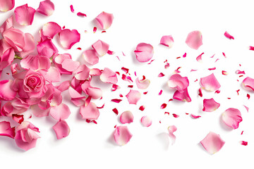 pink roses petals flying isolated on background