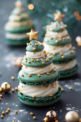 macarons in the shape of Christmas tree, emerald green , golden and white color palette, with gold sprinkles on top
