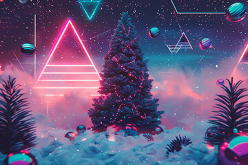 
futuristic synthwave themed christmas background with christmas tree , geometrical shapes, messy vibe