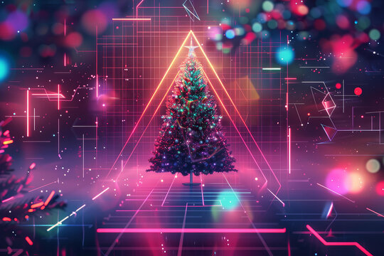 
futuristic synthwave themed christmas background with christmas tree , geometrical shapes, messy vibe