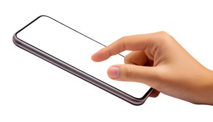 hand holding a smartphone and another hand interacting with the touchscreen cut out transparent isolated on white background PNG