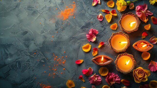 Diwali decorations with lamps candles and petals on a gray backdrop