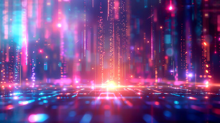 Futuristic business scene with colorful magical elements, front view, blending innovation and enchantment, advanced tone, Triadic Color Scheme