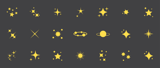 Sparkles or shine vector huge set of different stars in yellow color on black background. Sparkle star icons. Shine icon. Stars sparkle doodles vector. Big set of various stars icon.