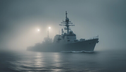 Obraz premium A naval destroyer navigating through a thick fog, with only the ship’s lights cutting through the gloom, while the sea swells ominously around it. 