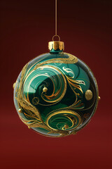 Elegant Christmas ornament with intricate design on red background. Festive holiday decoration for greeting card and poster design