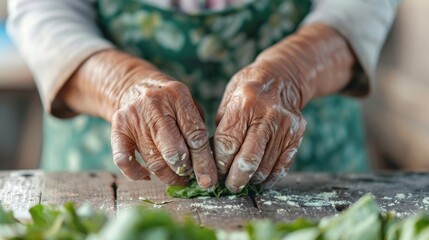 An elderly woman is making a dish with her hands, wearing a green apron