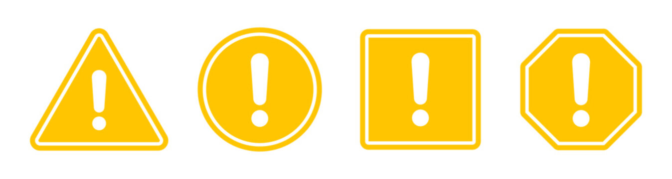 Hazard symbol in yellow color with white exclamatory symbol in different shapes. Caution symbols set with exclamation mark in various shapes. Danger warning icon set.