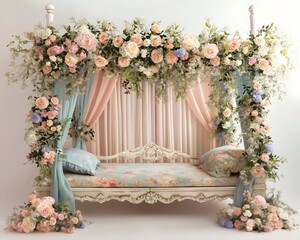 Digital backdrop, newborn photography, large vintage Victorian style arbor bed decorated in pastel colored flowers and roses, with soft lighting. Maternity pregnant.