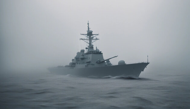 A naval destroyer navigating through a thick fog, with only the ship&rsquo;s lights cutting through the gloom, while the sea swells ominously around it.
