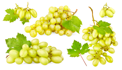 Collage mix set of Cluster ripe white grapes with green leaf. Yellow organic natural fruit isolated on background. PNG.