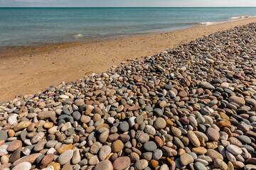 The rocky, beach shoreline of Lake Michigan at Point Beach State Park, Two Rivers, Wisconsin