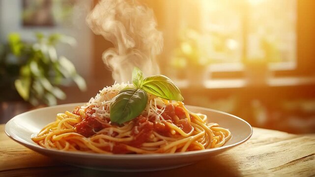 Steaming plate of spaghetti with tomato sauce, topped with grated cheese and fresh basil, served in a cozy setting
