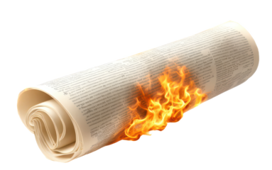 Rolled newspaper beginning to burn isolate on transparent background