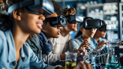 Group of students using Virtual Reality headsets in a classroom setting, engaging in modern technology and immersive learning experiences.