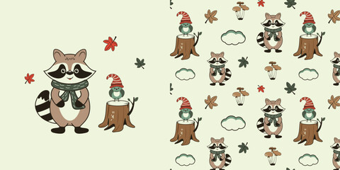 Children's seamless pattern with the image of a cute raccoon and a bird in a hat. Vector design for baby bedding, fabric, wallpaper, wrapping paper and more.