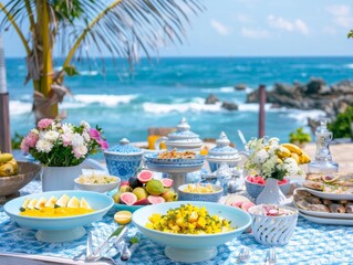 Tropical Island Outdoor Feast Diverse Group Enjoying Mango Salsa and Grilled Fish Beachside during Sunny Afternoon