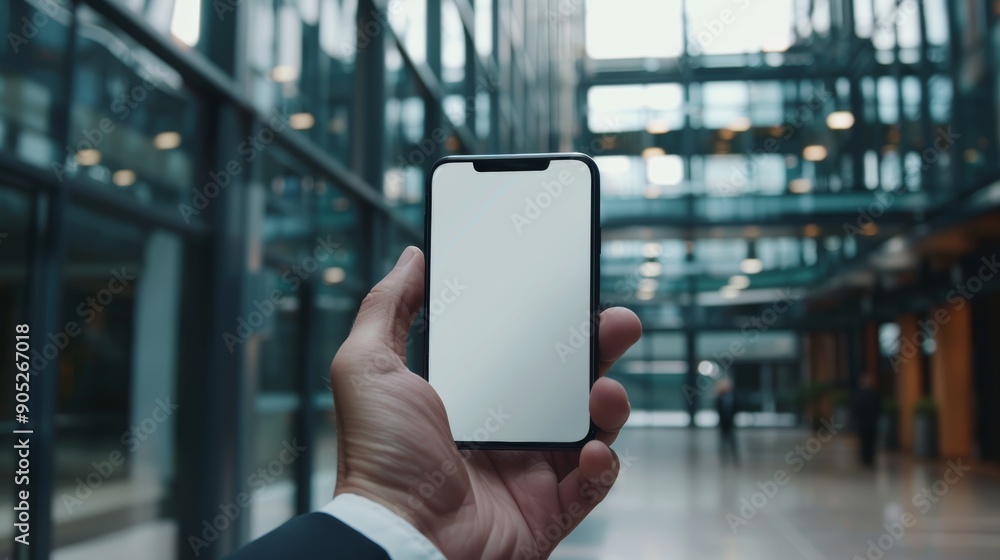 Poster businessman checking email and networking. man searches for blurred backdrop professional on smartph