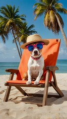 “A surreal image of a dog wearing sunglasses and a hat, sitting on a beach chair. The scene includes a colorful, tropical beach background.