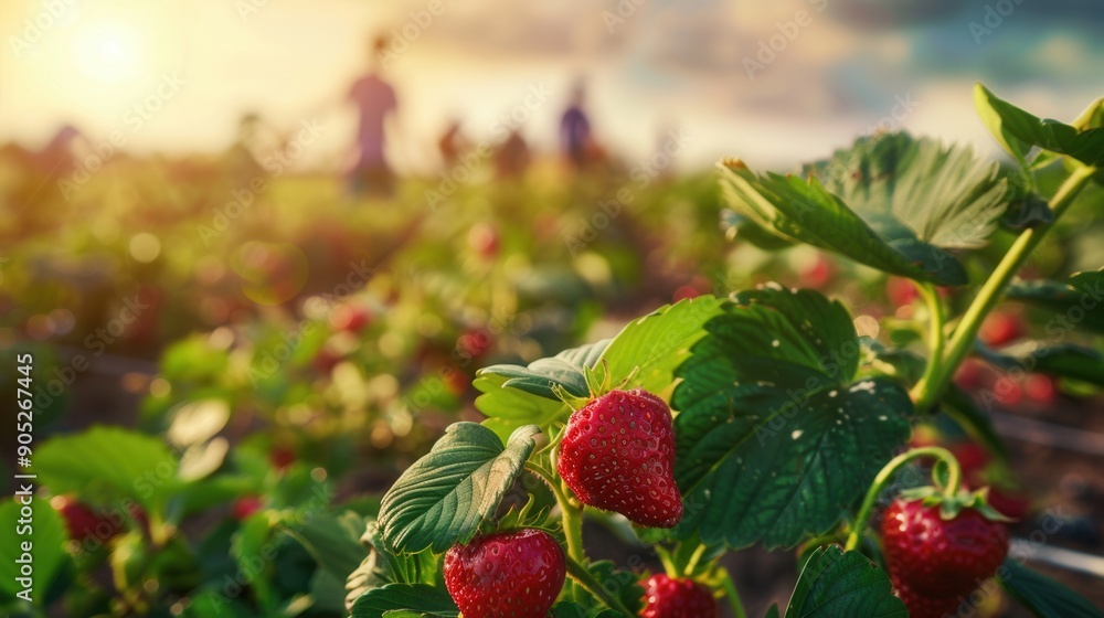 Canvas Prints strawberry plant with fruit in plantation farm field with farmer working harvesting