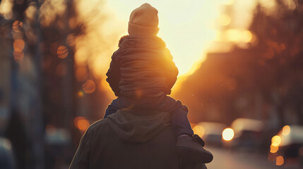 Sunset silhouette of a parent carrying a child on their shoulders, evoking warm family moments and evening walks.