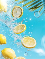 Floating Lemon Slices in a Tropical Setting with Bubbles Rising in a Glass of Iced Water, Capturing a Refreshing Summer Feel