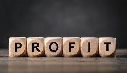 Wooden cubes with word PROFIT on table against dark background. Business and finance concept