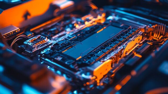 Closeup of a dismantled EV battery pack.