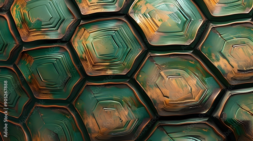 Aufkleber intricate turtle shell with hexagonal green and brown scales in