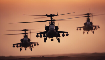 attack, helicopters, flying, formation, desert, battlefield, dusk, silhouettes, stark, orange, sky, coordinated, strike, intense, military, mission, dramatic, aerial, action, tactical, operation, powe