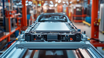 Electric vehicle batteries undergoing quality control checks.