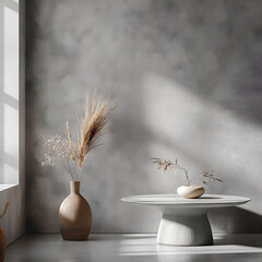 Aesthetic elegant minimalist japandi interior design. Clear mock up empty wall for decoration. Copy space. Neutral palette of natural colors.