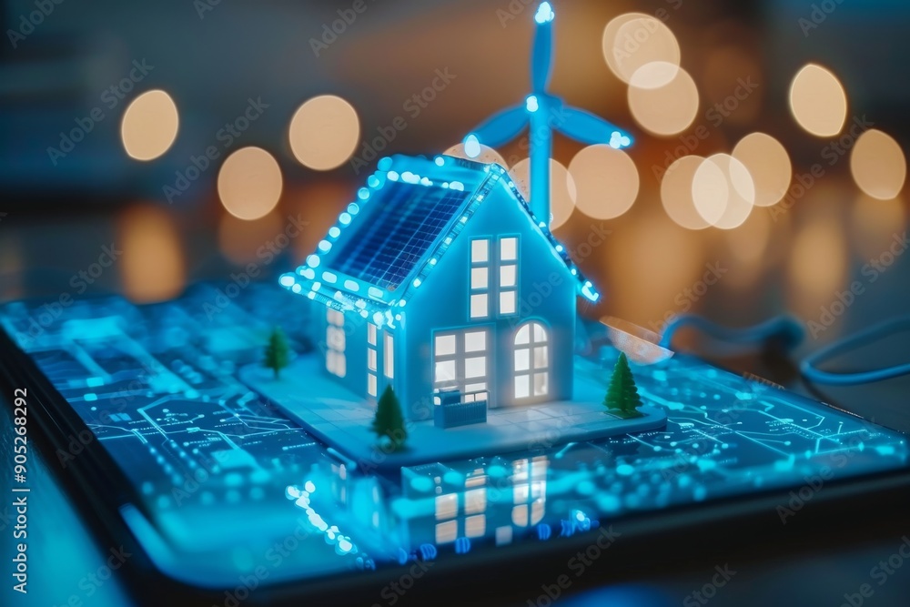 Poster a small house on a digital circuit board, surrounded by glowing lights, symbolizing the integration 