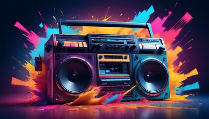 boombox in retro colorful music background