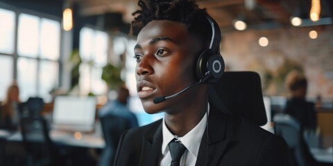 Businesses, telemarketing, call centers, black men, and customer service. With headphones, office, internet, crm, tech support, or help desk, staff, group, or professional