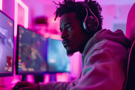 In dark room, man and headphones for esports, online games, and virtual competition. Gamester, online player, and headgear livestreamer in neon lighting, tech, or rpg streamer.