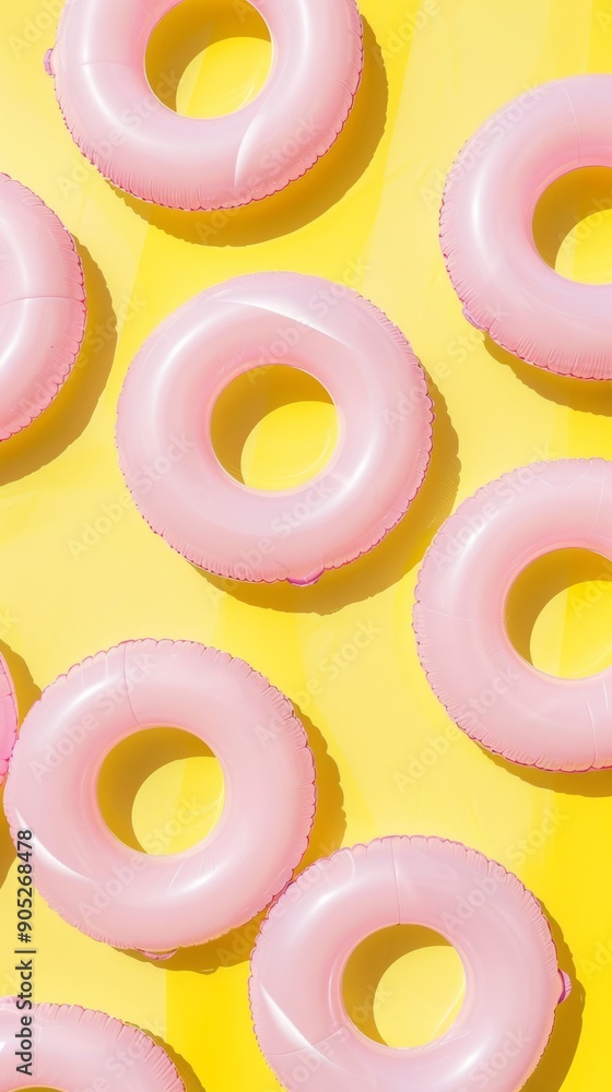 Poster vibrant pink inflatable rings pattern on soft yellow background - summer beach day concept, simple a