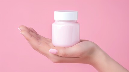 A hand holding a bottle of pink lotion