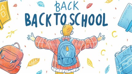 Fototapeta premium Illustration of a student with a backpack on a blue and white background. Ideal for educational and back-to-school themes